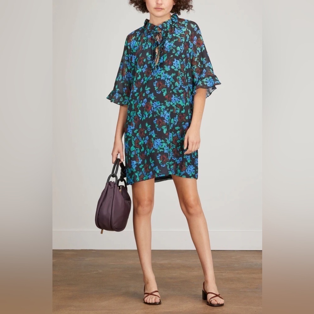 Ganni Printed Light Crepe Flouncy Mini Tie Neck Dress Meadow in Azure Blue Sz 6